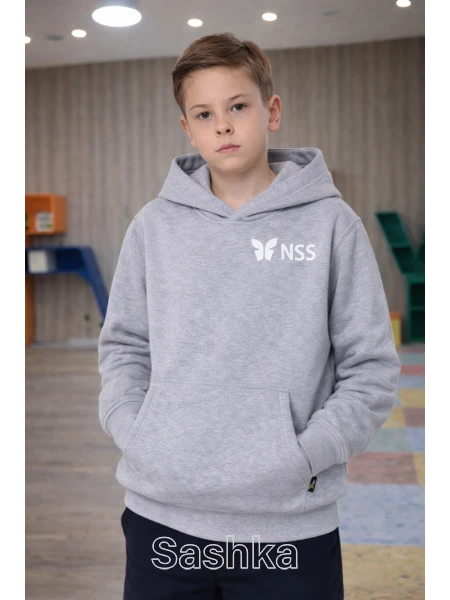 Худі УТЕПЛЕНЕ для хлопчика на флісі сіре з логотипом школи NSS, розмір 116-146